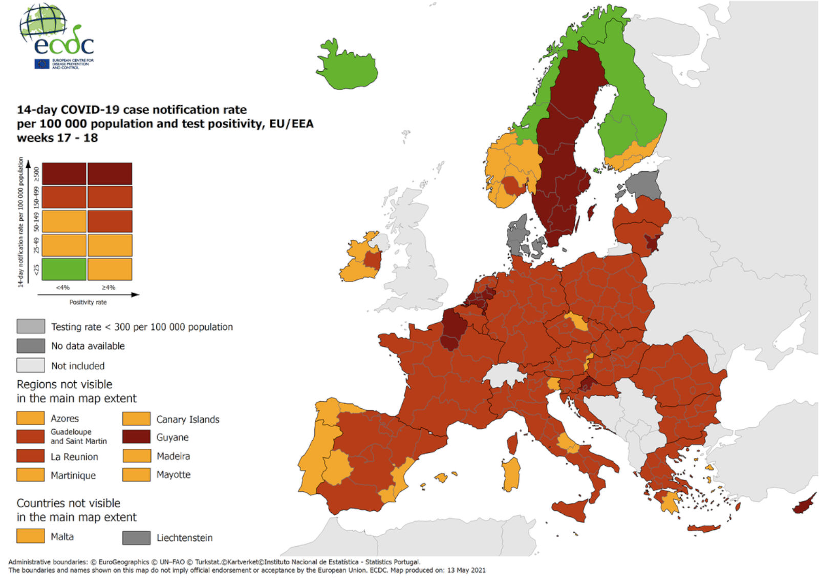 Map of 14-day notification rate and test positivity for EU, EEA and UK